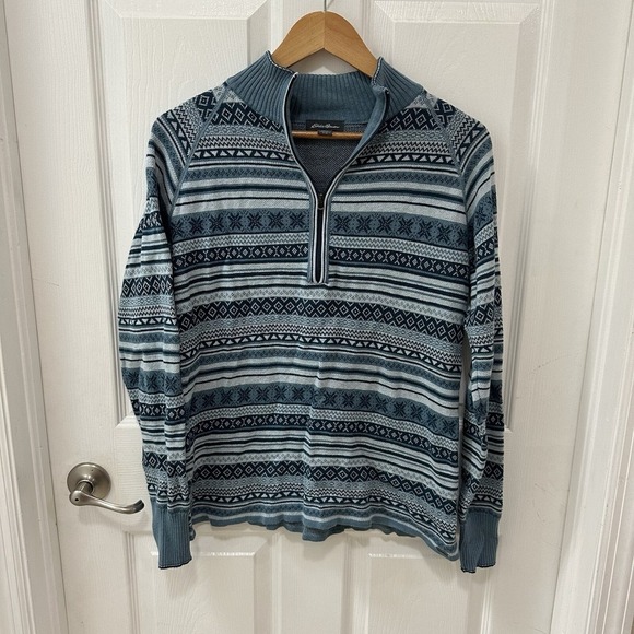 Eddie Bauer Blue Striped Fair Isle Pullover Sweater 1/4 Zip Mock Neck Womens M - Picture 1 of 7
